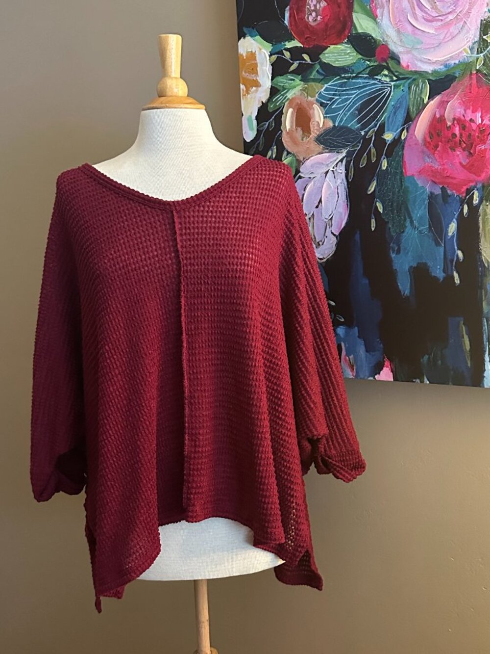 Zenana Burgundy Waffle Knit Oversized Sweater Top 2X 3X Dolman Sleeve